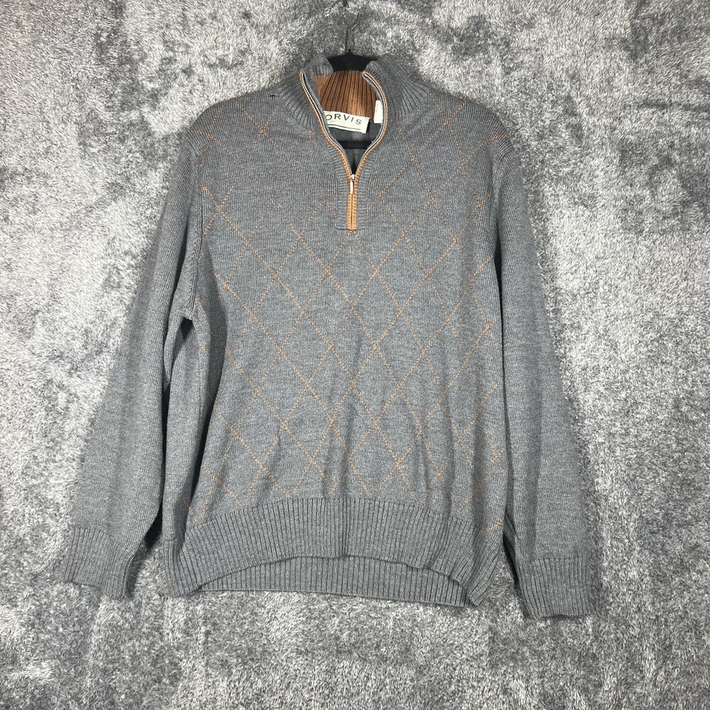 Orvis Sweater Mens M Gray 1/4 Zip Mock Neck Argyle Merino Wool Pullover